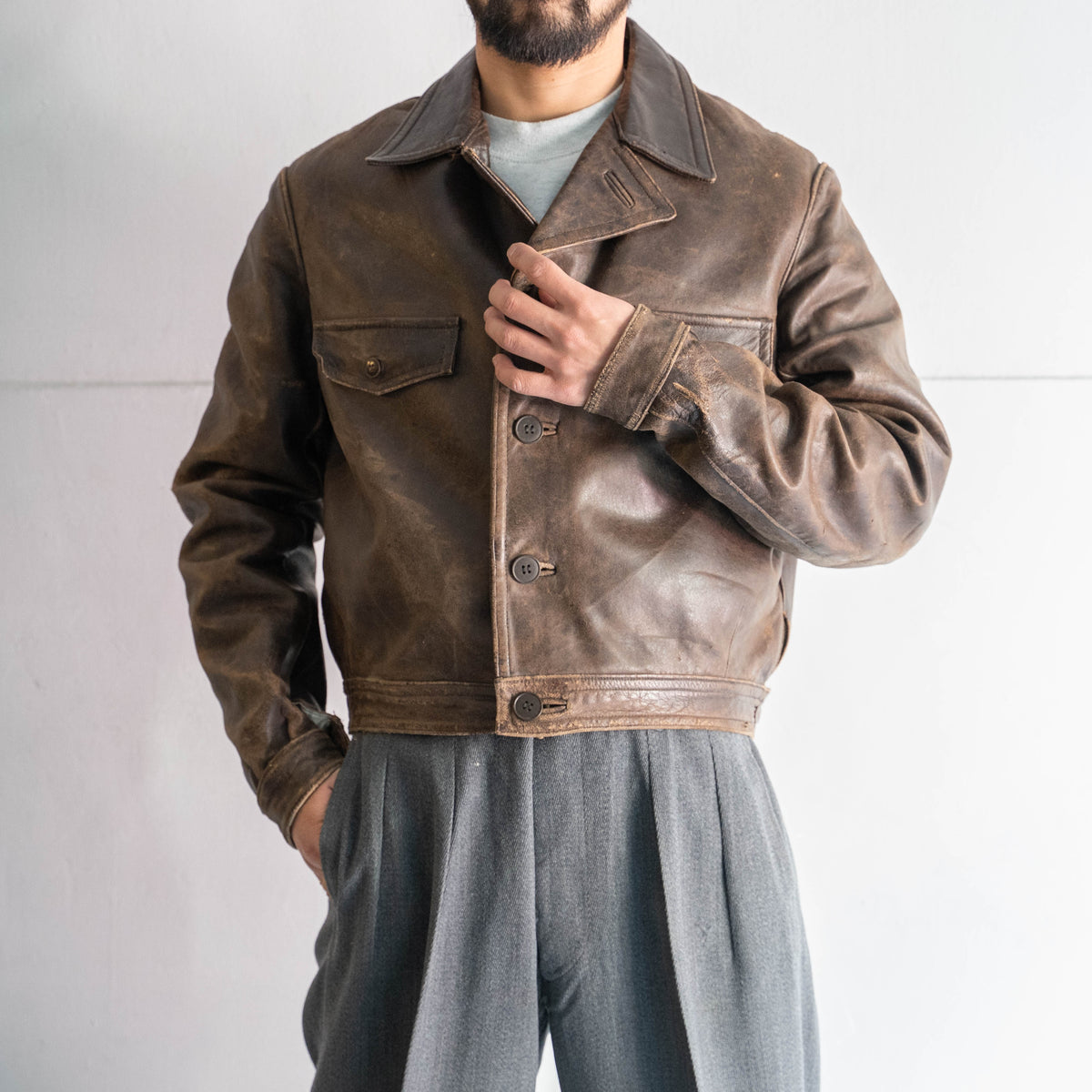 1940s French military brown color leather cyclist jacket 