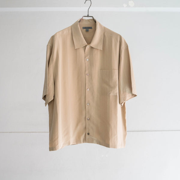 1990-00s light brown stripe design s/s shirt -remake-