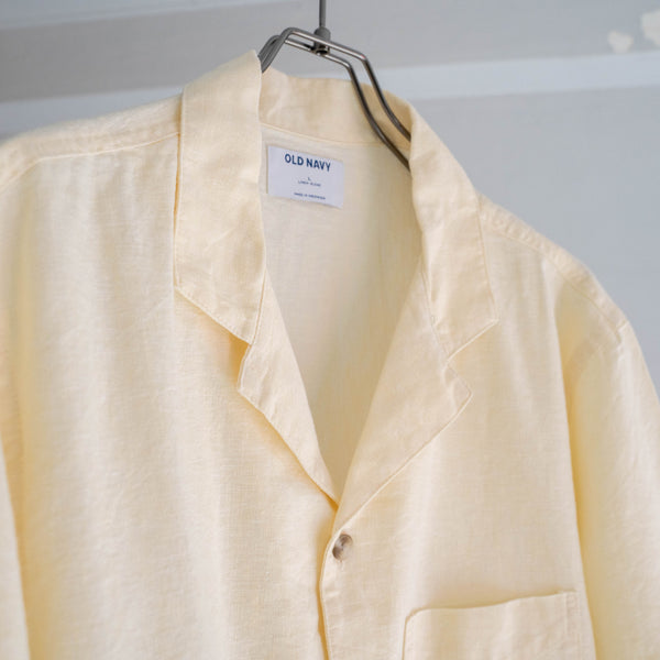 2000s light yellow linen open collar s/s shirt -remake-
