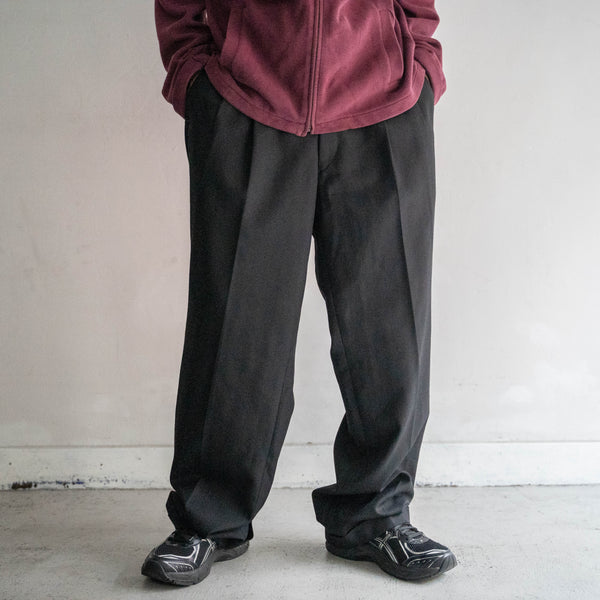 2000s Japan vintage black wool 100 2 tuck slacks -herringbone fabric-