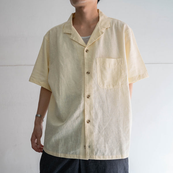 2000s light yellow linen open collar s/s shirt -remake-
