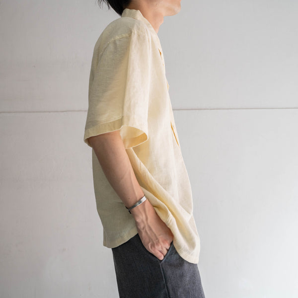 2000s light yellow linen open collar s/s shirt -remake-