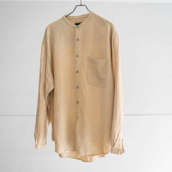 1990s beige color rayon × linen band collar shirt