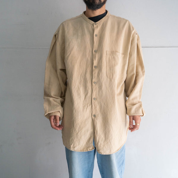 1990s beige color rayon × linen band collar shirt