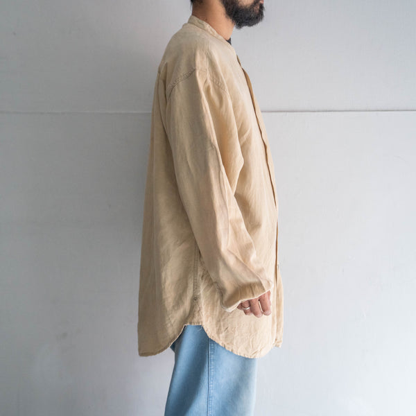 1990s beige color rayon × linen band collar shirt