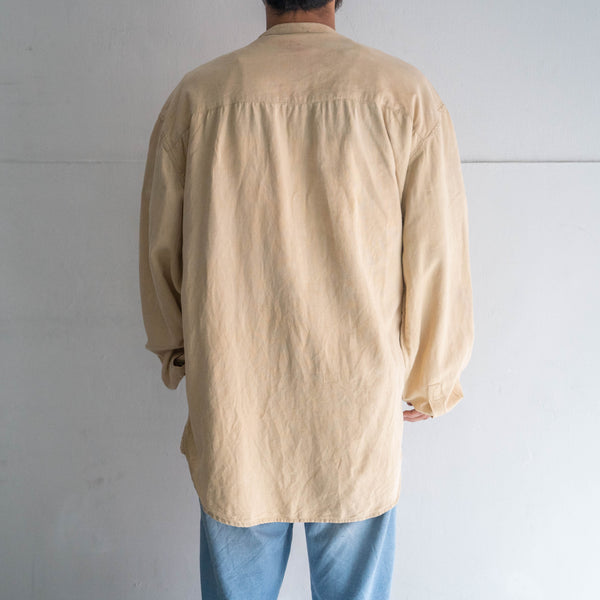 1990s beige color rayon × linen band collar shirt