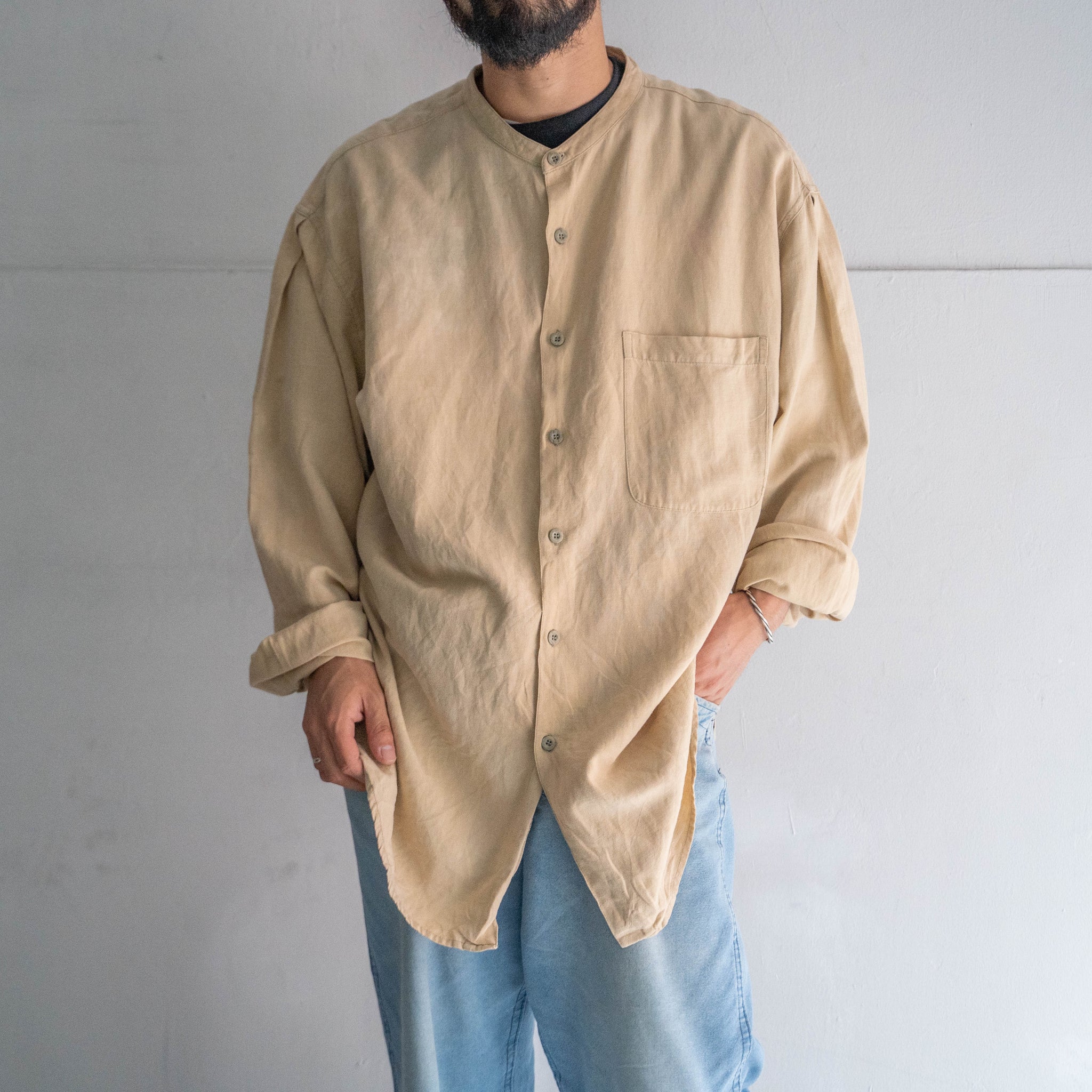 1990s beige color rayon × linen band collar shirt