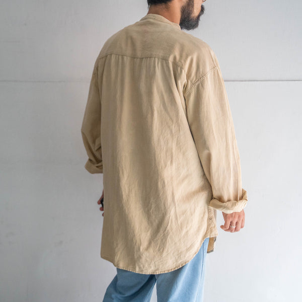 1990s beige color rayon × linen band collar shirt