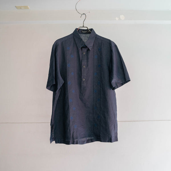 1990s dark navy linen 100 pull over s/s shirt
