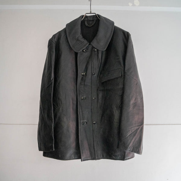 1960-70s France double breasted black leather "corbusier jacket" -chin strap- -1