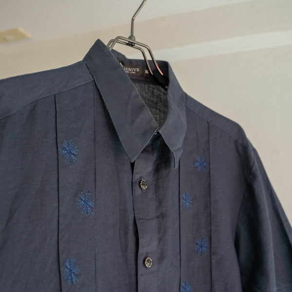 1990s dark navy linen 100 pull over s/s shirt