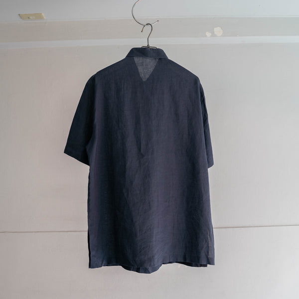 1990s dark navy linen 100 pull over s/s shirt
