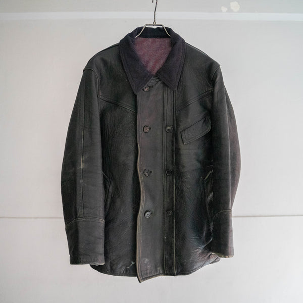 1960-70s France double breasted black leather "corbusier jacket" -wool collar & great leather-