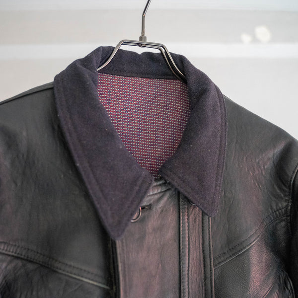 1960-70s France double breasted black leather "corbusier jacket" -wool collar & great leather-