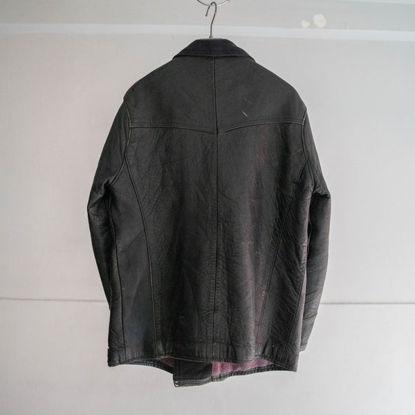 1960-70s France double breasted black leather "corbusier jacket" -wool collar & great leather-