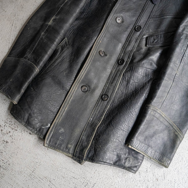 1960-70s France double breasted black leather "corbusier jacket" -wool collar & great leather-