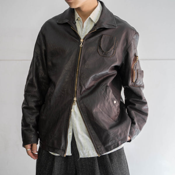 1970-90s French military pilot leather jacket -brown color-