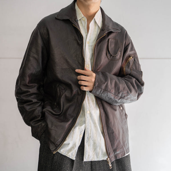 1970-90s French military pilot leather jacket -brown color-