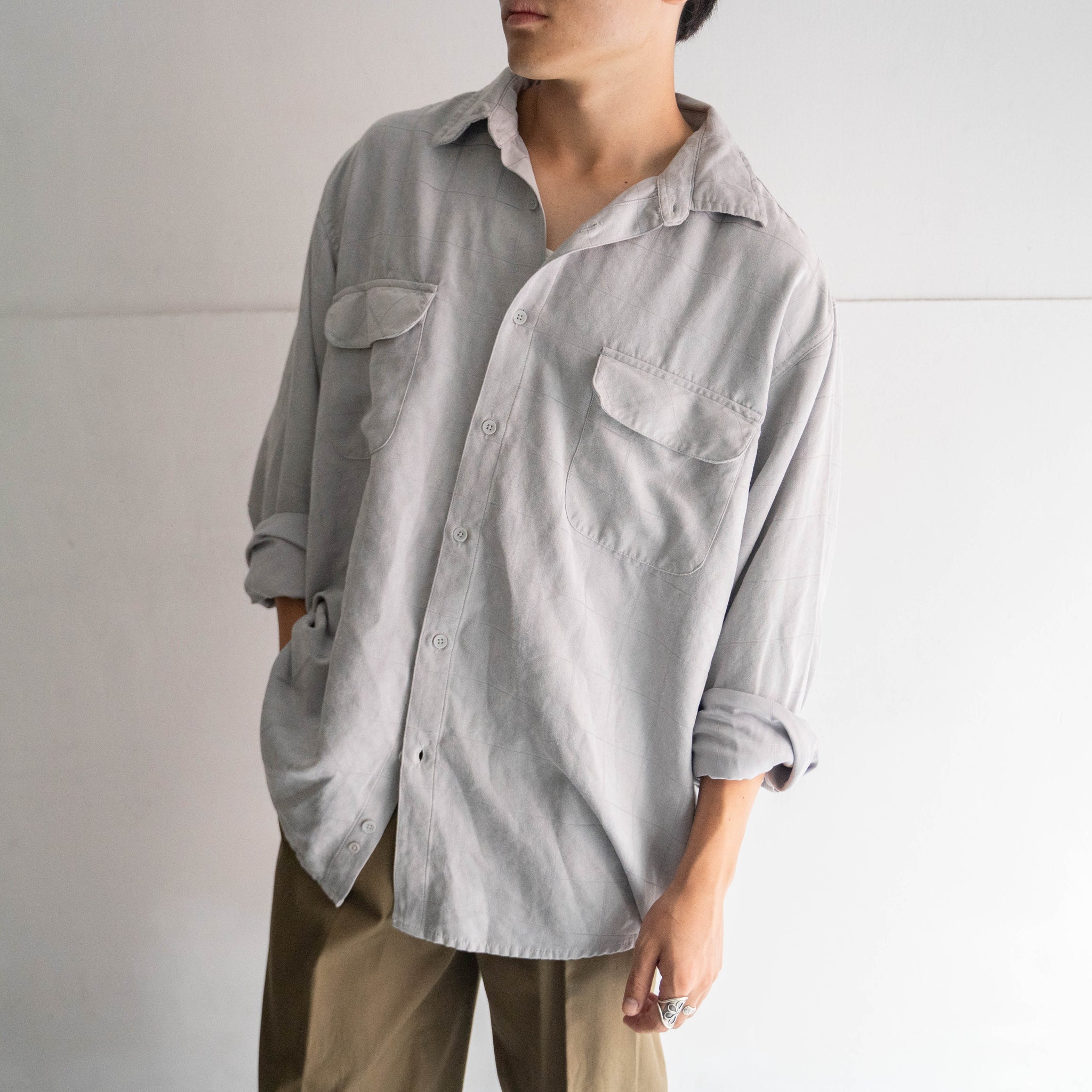 1990s light gray color all poly block check suede shirt