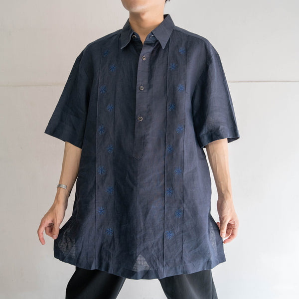 1990s dark navy linen 100 pull over s/s shirt