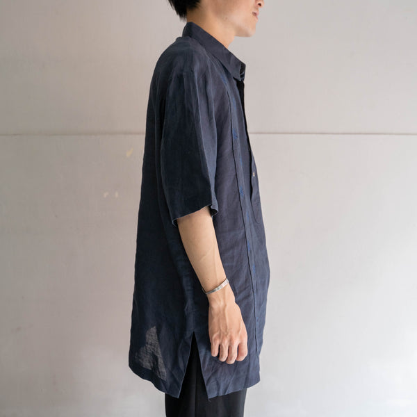 1990s dark navy linen 100 pull over s/s shirt