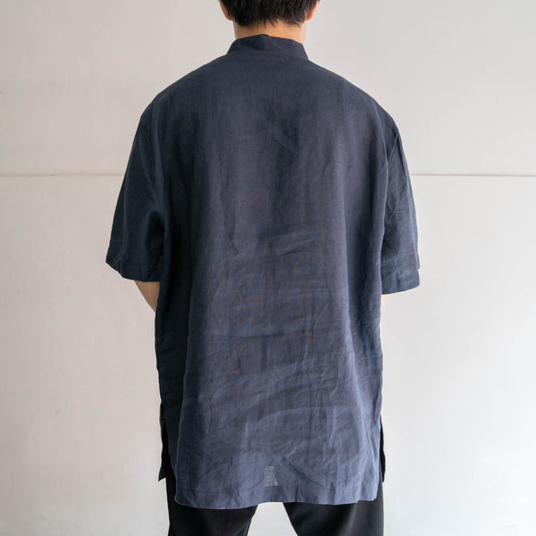 1990s dark navy linen 100 pull over s/s shirt