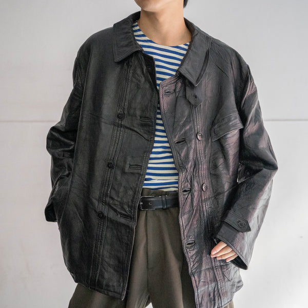 1960-70s France double breasted black leather "corbusier jacket" -chin strap- -2