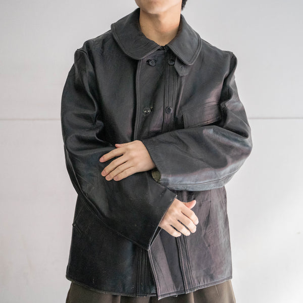 1960-70s France double breasted black leather "corbusier jacket" -chin strap- -1