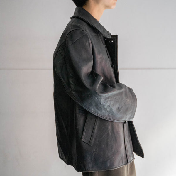 1960-70s France double breasted black leather "corbusier jacket" -chin strap- -1