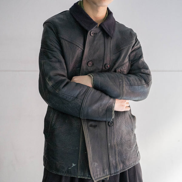 1960-70s France double breasted black leather "corbusier jacket" -wool collar & great leather-