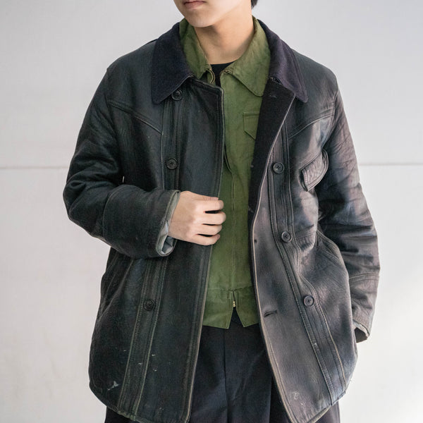 1960-70s France double breasted black leather "corbusier jacket" -wool collar & great leather-