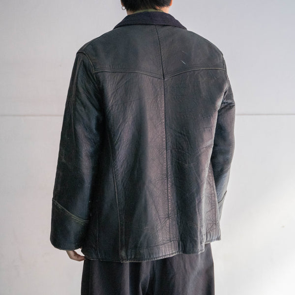 1960-70s France double breasted black leather "corbusier jacket" -wool collar & great leather-