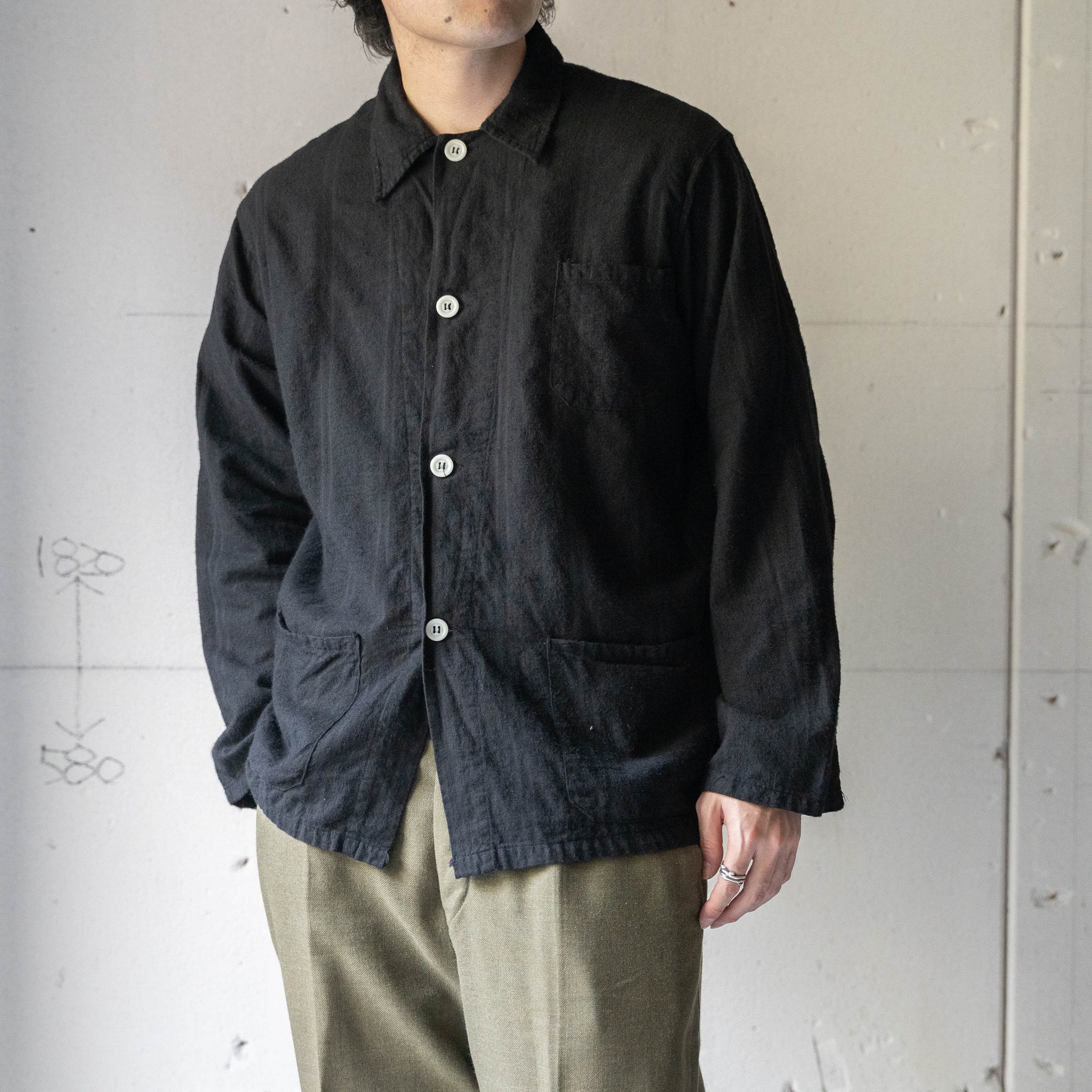 1960s France flannel pajama shirt -black dyed- 'dead stock'