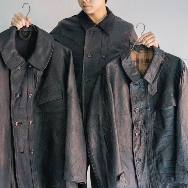 1960-70s France double breasted black leather "corbusier jacket" -wool collar & great leather-