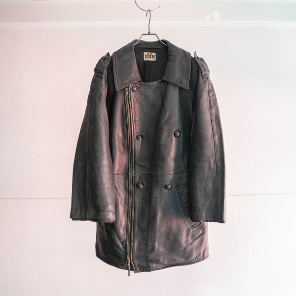 1980s French military black leather motorcycle coat