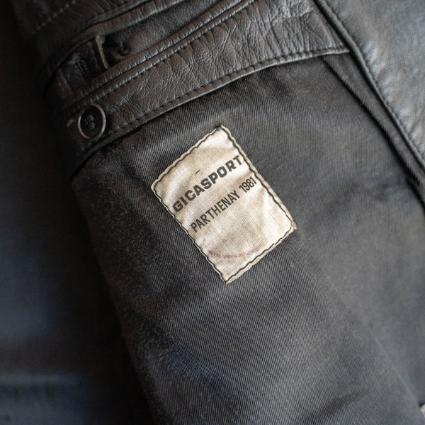 1980s French military black leather motorcycle coat