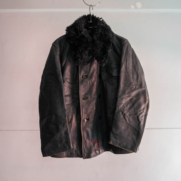 around 1970s France black corbusier leather jacket -with fur-