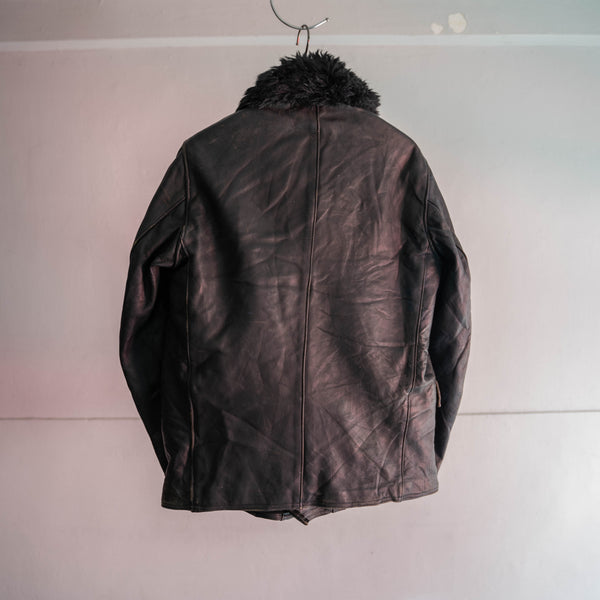 around 1970s France black corbusier leather jacket -with fur-