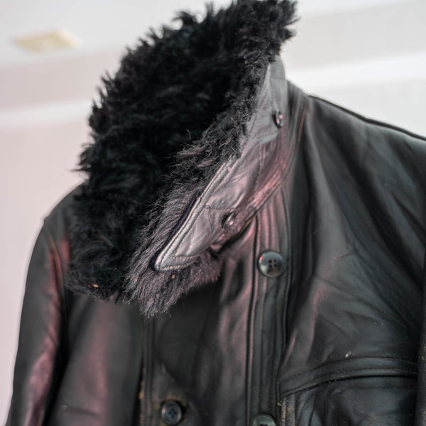 around 1970s France black corbusier leather jacket -with fur-
