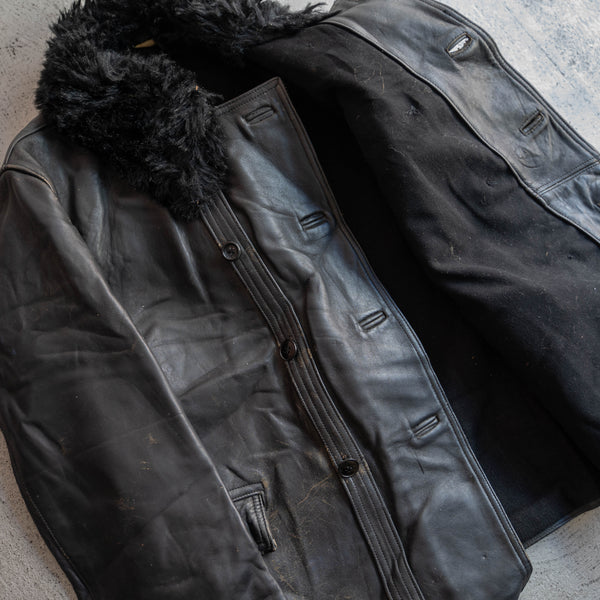 around 1970s France black corbusier leather jacket -with fur-