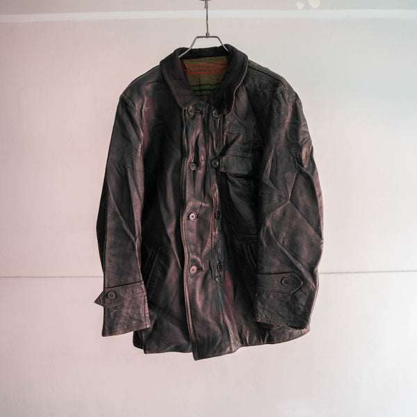 around 1970s France black corbusier leather jacket -wool collar-