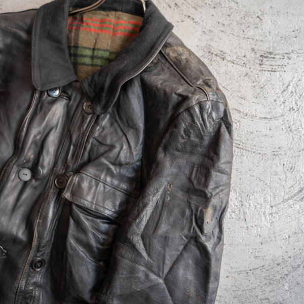 around 1970s France black corbusier leather jacket -wool collar-