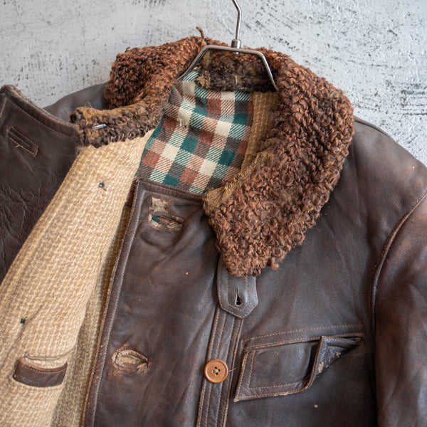 1940s France brown corbusier leather jacket -with fur-