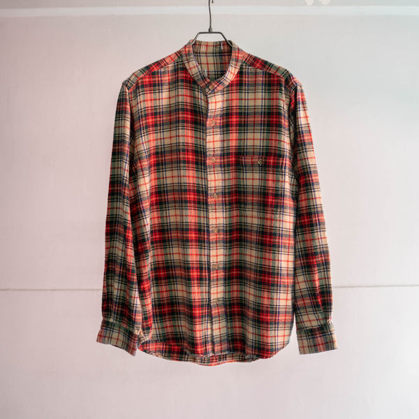 1990s red based multi stripe no collar  l/s shirt