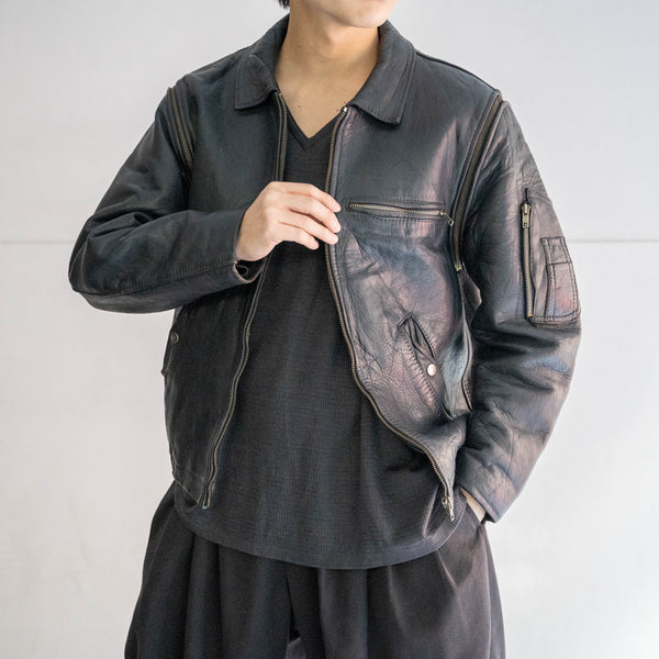 1970-80s French military pilot leather jacket -black color & detachable arms-