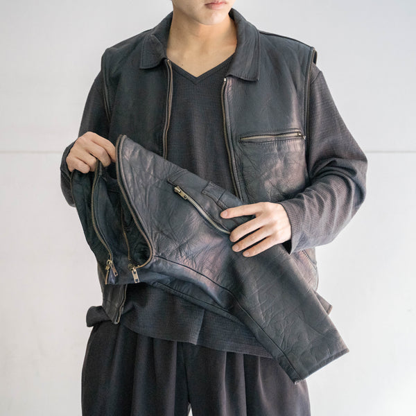 1970-80s French military pilot leather jacket -black color & detachable arms-