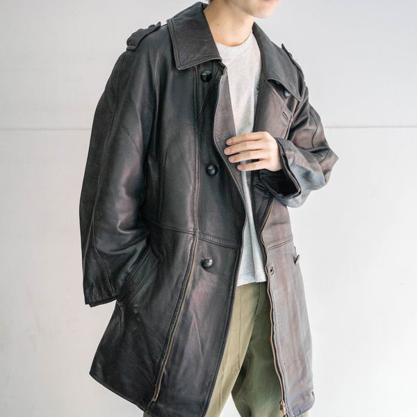 1980s French military black leather motorcycle coat