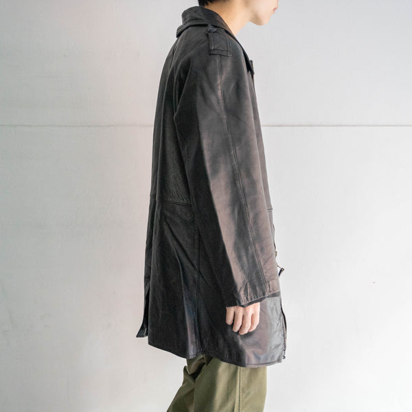 1980s French military black leather motorcycle coat
