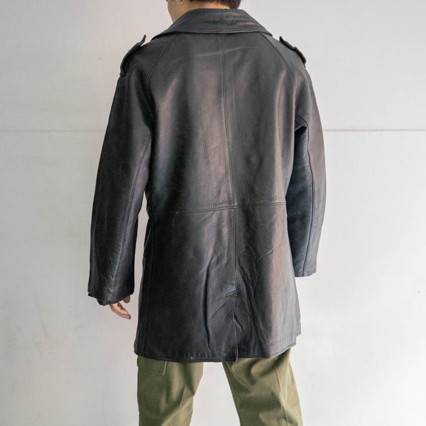 1980s French military black leather motorcycle coat