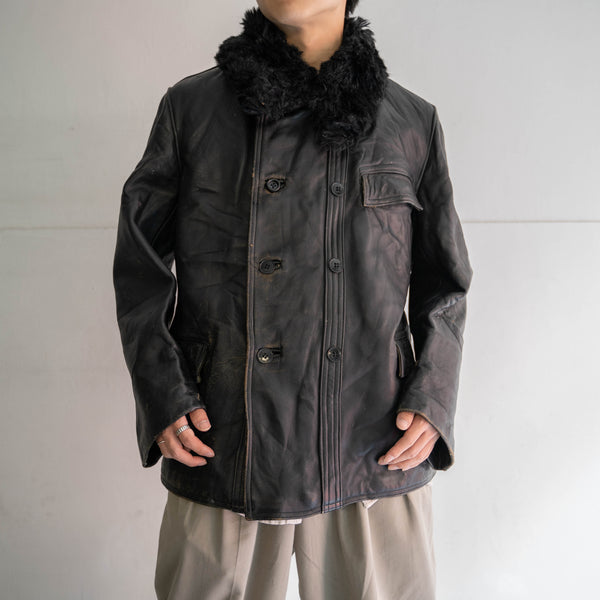 around 1970s France black corbusier leather jacket -with fur-